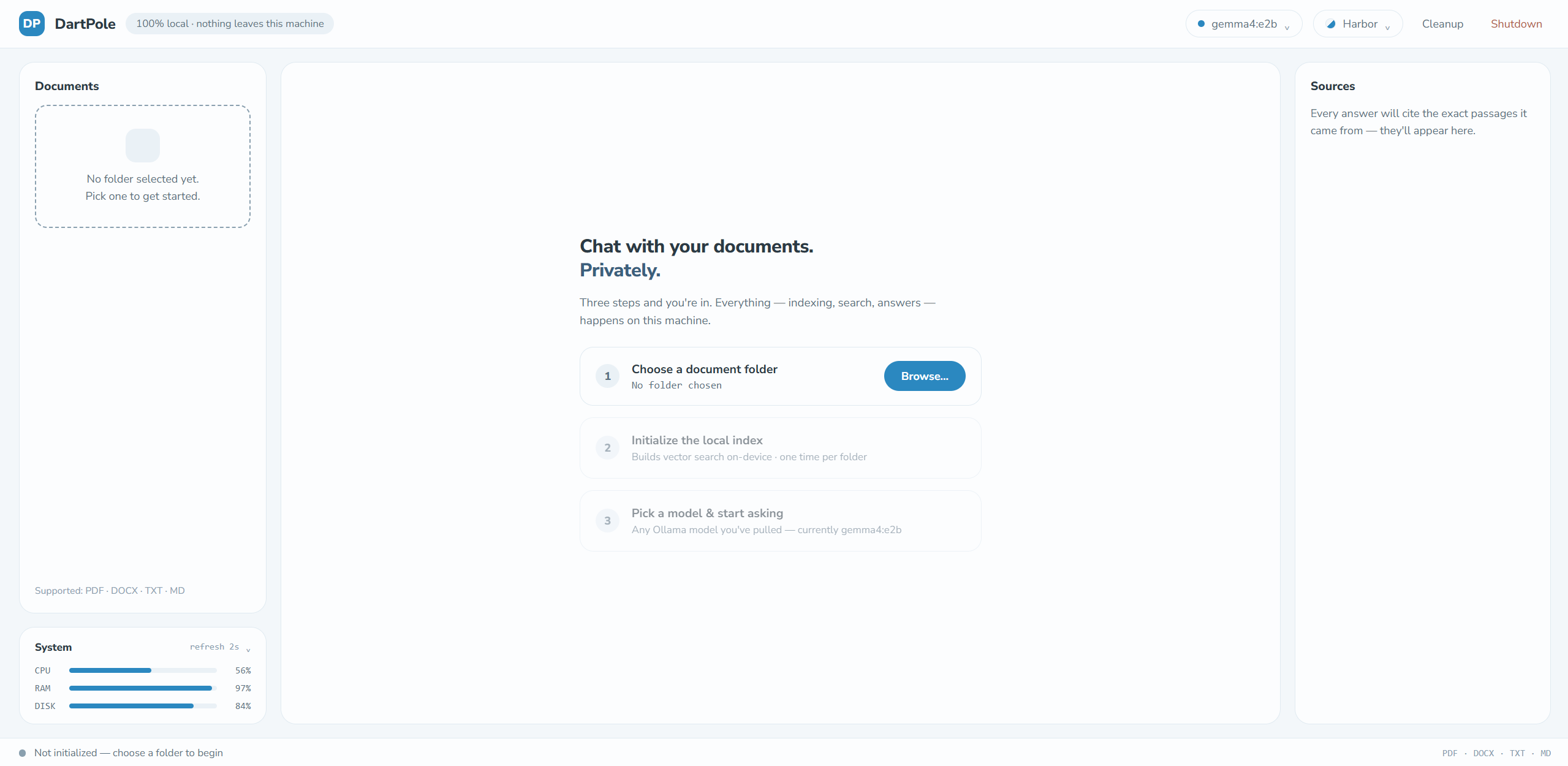 The DartPole desktop workspace with document folder, private chat, sources and system status